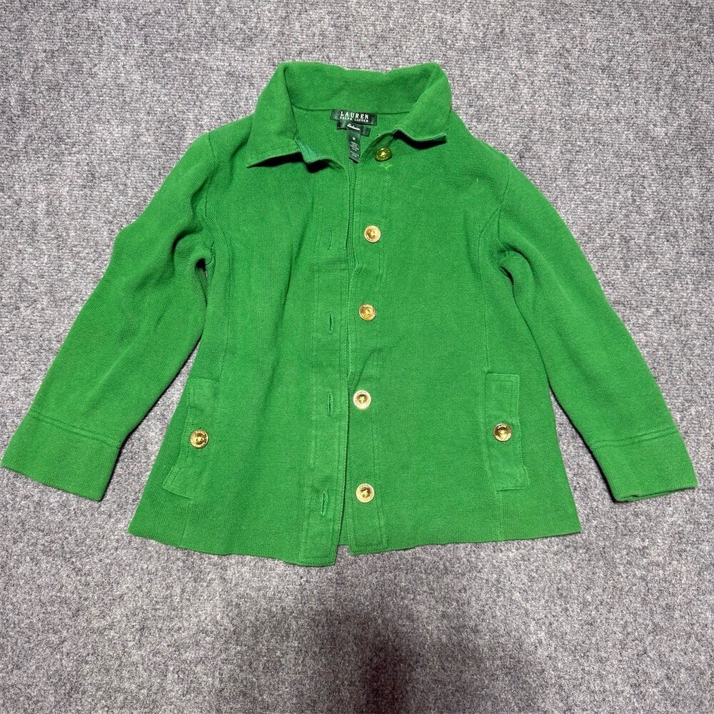 Lauren Ralph Lauren Jacket Womens M Green Knit Cardigan Gold Crest Buttons